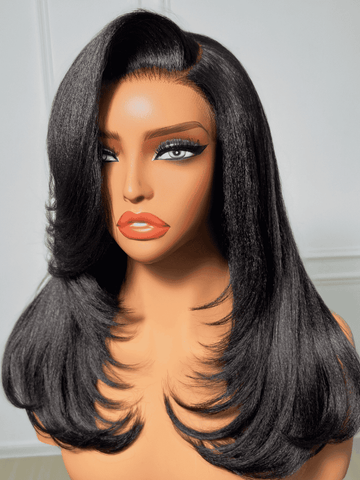 Klaiyi 7x5 HD No Slip Blowout Lob Yaki Straight Wig Side Part Face-Framing Feathered Layers Salon Blowout Look Glueless Wig