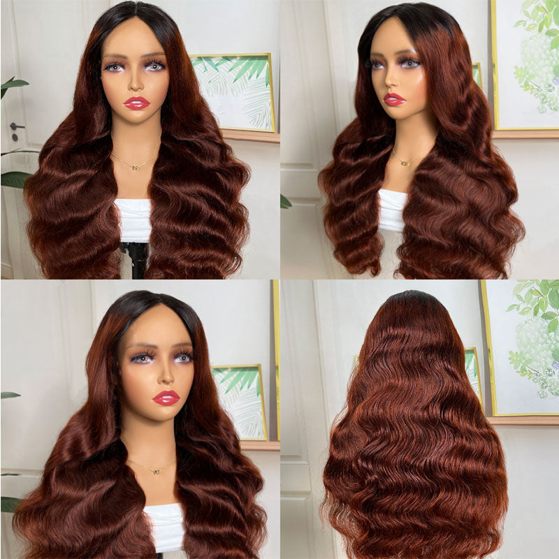 Buy 1 Get 1 Free,Code:BOGO |Klaiyi Beginner Friendly Brunette Auburn Brown V Part Body Wave Wig No Leave Out Super Natural