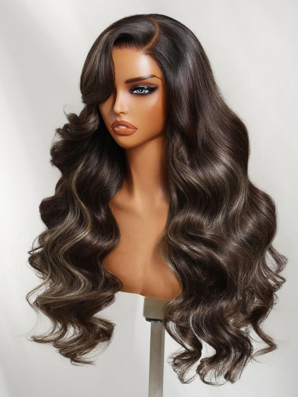 Perruque Klaiyi Ombre Brown Balayage Highlight Body Wave 7x5 Bye Bye Knots, précolorée, sans colle, en cheveux humains et dentelle. 