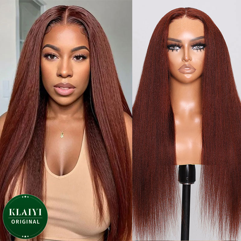 Klaiyi  Reddish Brown Yaki Straight  7x5  Pre Everything Put On and Go Glueless Lace Wigs Human Hair