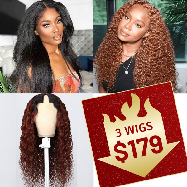 $179 Get 3 Wigs | 180% Density 13x4 Lace Frontal Medium Auburn Brown Colored Jerry Curly Wig + 4x4x0.75 Lace Part Kinky Straight Wig + 180% Density V Part Water Wave Dark Roots Reddish Brown Wig Flash Sale