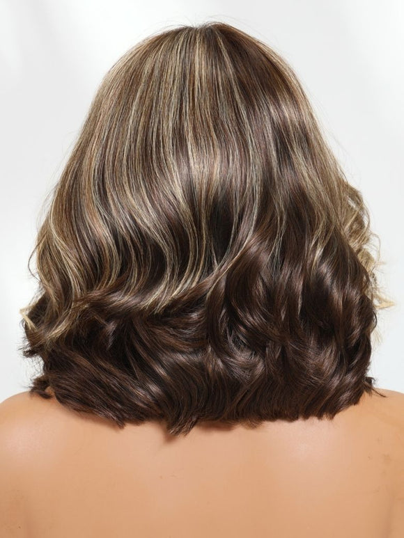 Klaiyi 13x4 Dark Brown with Honey Blonde Highlights Chic Shoulder-Length Wavy Lob Face-Framing Layered Blowout Bob
