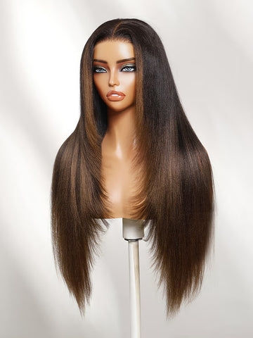 Klaiyi Ombre Chestnut Brown Yaki Straight Layered Straight Wig 7x5 No-Slip Glueless Lace Human Hair Wig