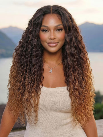 Klaiyi 7x5 No Slip Glueless Lace Wig Ombre Caramel Brown Water Wave Human Hair Wig with Drawstring