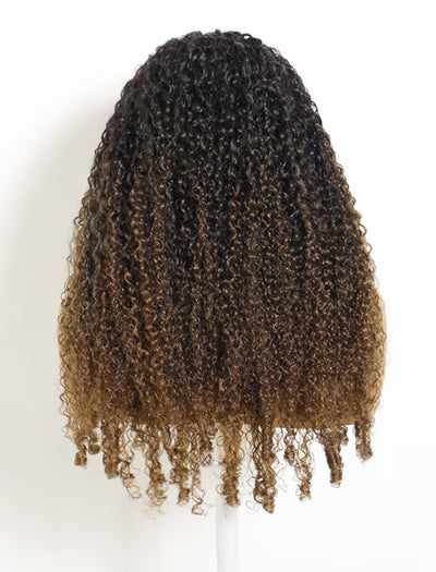 Klaiyi Ombre Chestnut Brown Burmese Curly 2-in-1 Headband Wig  Glueless Human Hair Wig with Invisi Drawstring