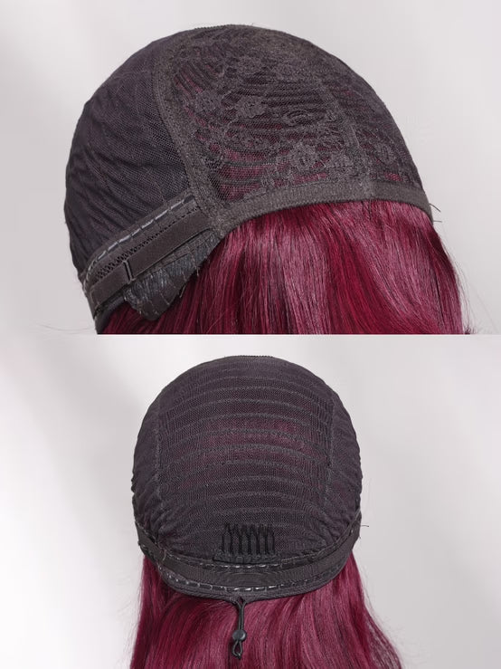 Perruque Klaiyi Black Cherry 7x5 Bye Bye Knots, coupe loup dégradée avec frange effilée, bob lisse mi-long, sans colle, en dentelle avec cordon de serrage invisible. 
