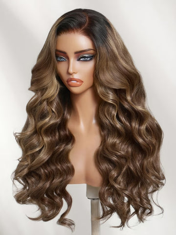 Klaiyi 7x5 No-Slip Glueless Lace Closure Wig Ash Blonde Balayage Highlight Body Wave Human Hair Wig