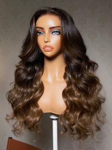 Klaiyi 13x4 Pre-Everything Lace Frontal Wig Ombre Caramel Balayage Highlights Body Wave Human Hair Wig