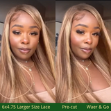 Klaiyi Honey Blonde Highlight Straight Pre-Cut Glueless Lace Wig Wear Go Summer Style Breathable Air Wig