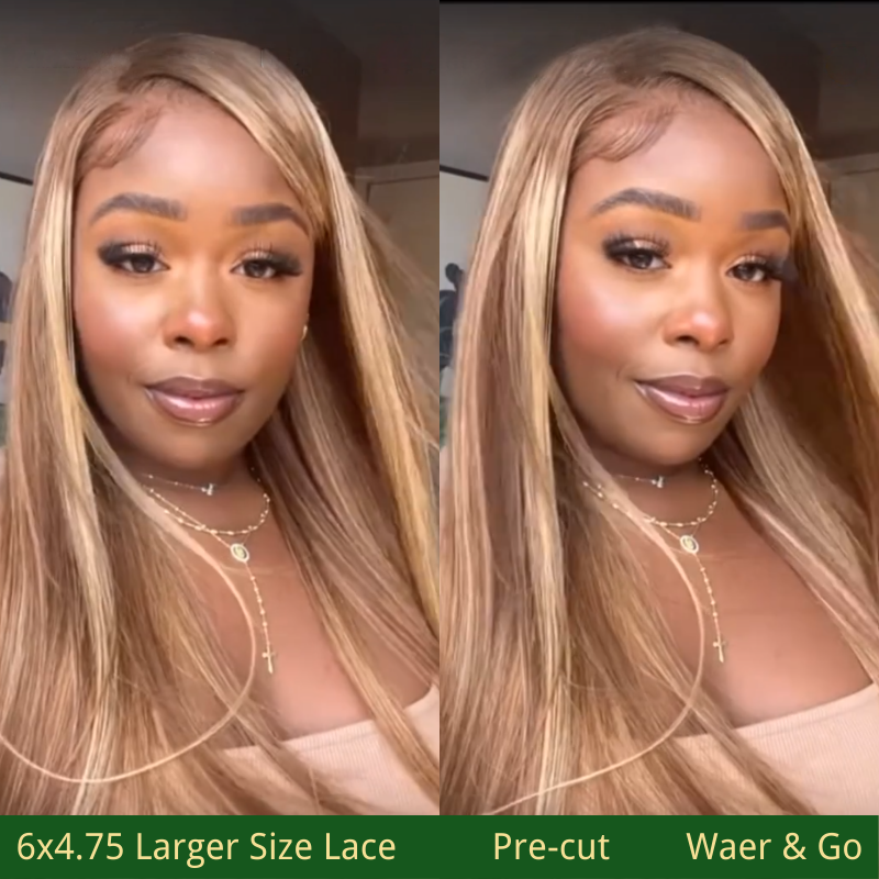 Klaiyi Honey Blonde Highlight Straight Pre-Cut Glueless Lace Wig Wear Go Summer Style Breathable Air Wig