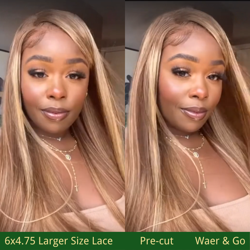 Klaiyi Honey Blonde Highlight Straight Pre-Cut Glueless Lace Wig Put On and Go