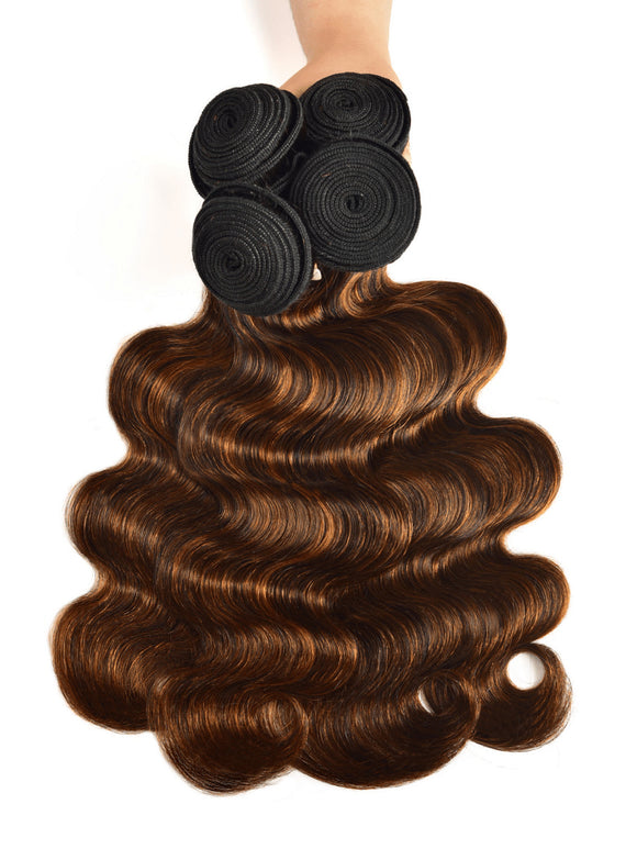 Klaiyi Balayage Hair Color 3 Bundles with Lace Closure Pre Plucked Free Part Highlights Ombre Hair Bundles Body Wave