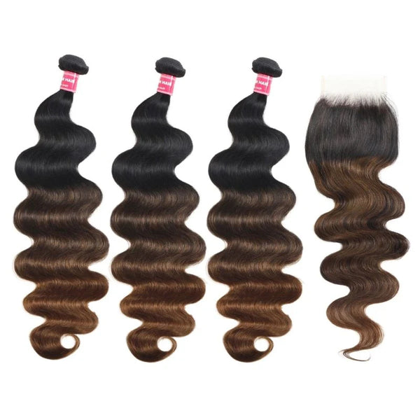 Flash Sale Klaiyi Body Wave Ombre Chestnut Brown 3 Bundles With 4x4 Swiss Lace Closure Human Virgin Hair