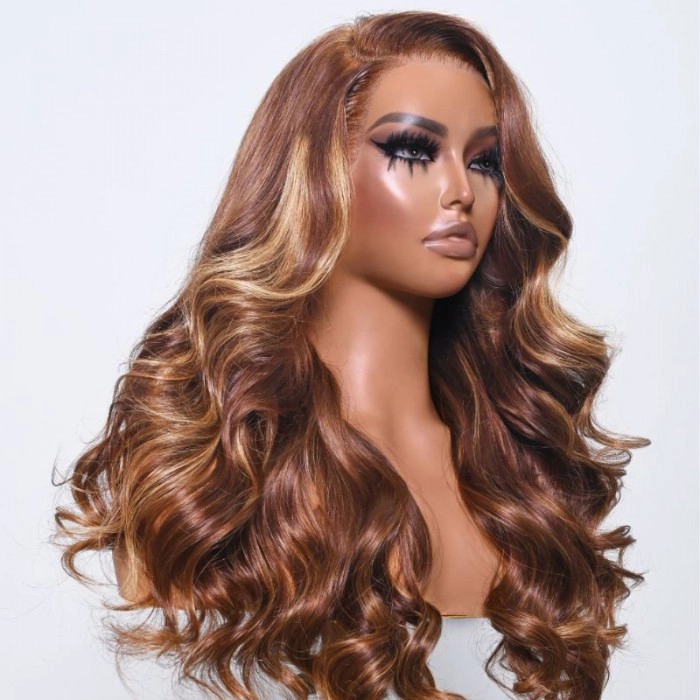 Klaiyi 13x4 Lace Front Golden Brown With Flaxen Highlights Loose Wave Wig