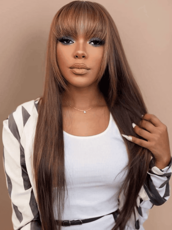 Klaiyi 4x2 Lace Closure #4 Chocolate Brown Yaki Straight Wig with Bangs Lace Part Glueless Wig Human Hair Flash Sale