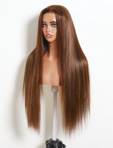 Klaiyi 7x5 No Slip Glueless Wig Silky Straight Warm Chestnut Brown Highlights Put On& Go Human Hair Wig