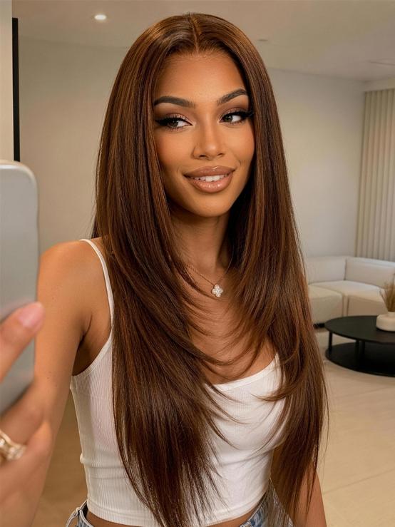 Klaiyi Brown with Golden Copper Highlights Layered Straight Wig 7x5 No-Slip Glueless Lace Human Hair Wig with Invisi Drawstring