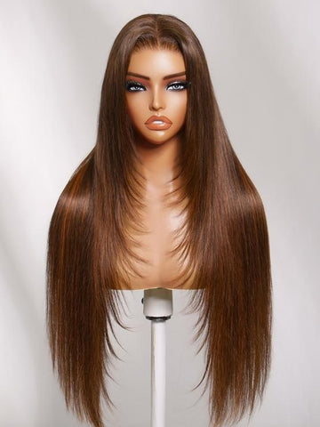 Klaiyi Brown with Golden Copper Highlights Layered Straight Wig 7x5 No-Slip Glueless Lace Human Hair Wig with Invisi Drawstring