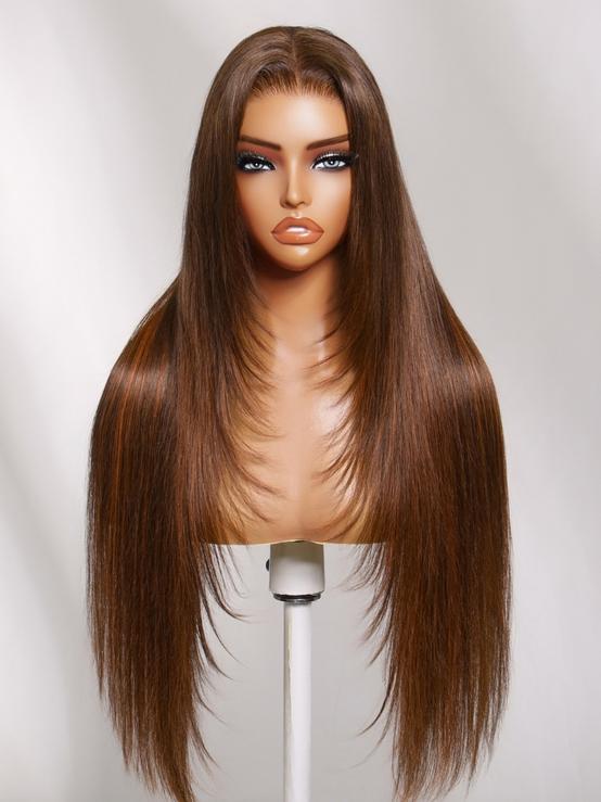 Klaiyi Brown with Golden Copper Highlights Layered Straight Wig 7x5 No-Slip Glueless Lace Human Hair Wig with Invisi Drawstring