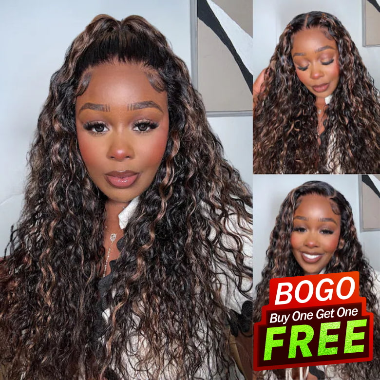 Buy 1 Get 1 Free,Code:BOGO | Klaiyi 7x5 Golden Brown Highlight Water Wave Bye Bye Knots Lace Closure Wig 150% Density