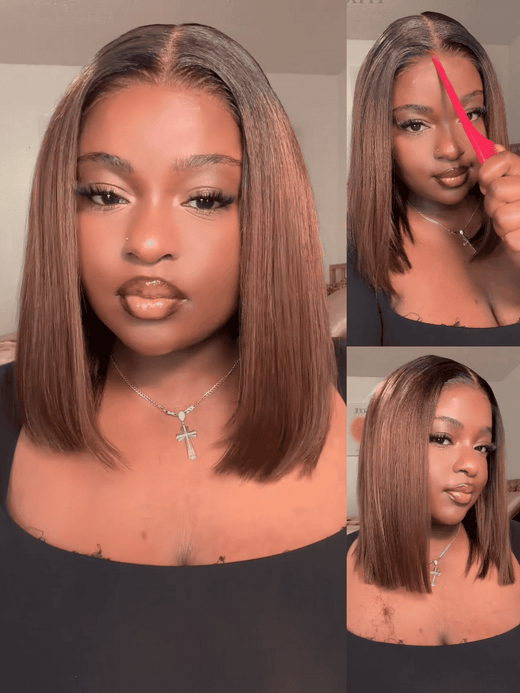 Achetez-en 1, le 2e est offert ! Code : BOGO | Perruque courte Klaiyi Bob Ombre Châtain Brun avec nœuds défaits (7x5) et perruque frontale en dentelle (13x4) - Offre éclair 