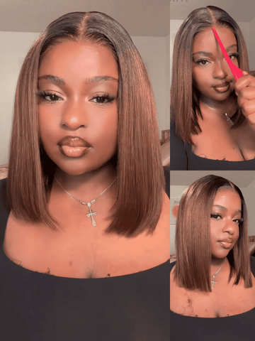 Buy 1 Get 1 Free,Code:BOGO | Klaiyi Bob Ombre Chestnut Brown Short Bob Wig 7x5 Bye-Bye Knots And 13x4 Lace Frontal Wig Flash Sale