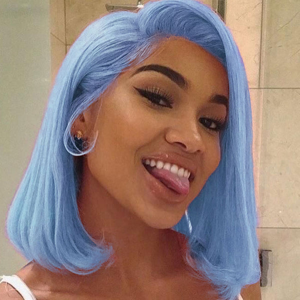 Klaiyi Silver Blue Color Bob Wigs Human Hair Short Light Blue Wig Giving You the Blues Flash Sale