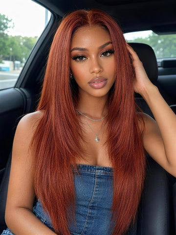 Klaiyi 7x5 No-Slip Glueless Lace Wig Copper Brown Silk Straight Human Hair Wig with Face-Framing Layers
