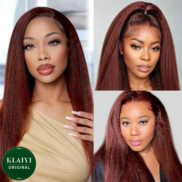 Klaiyi Reddish Brown Hair 180% Density Yaki Straight 7x5 Pre-cut Lace Put On And Go Wig 70% OFF Flash Sale