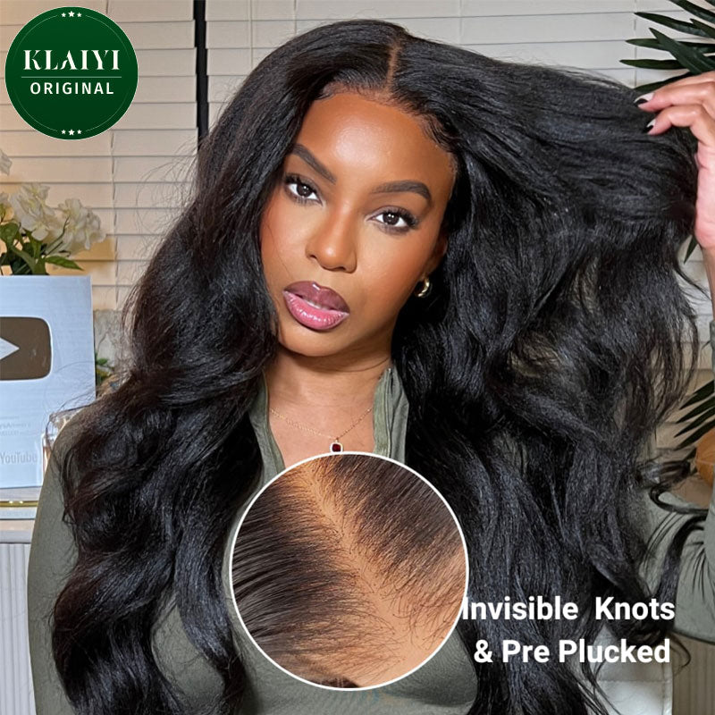 Extra 70% OFF | Klaiyi Yaki Straight Put On and Go Glueless Lace Wigs 7x5 Bye Bye Knots Pre-cut Human Hair Lace Wig Kinky Straight