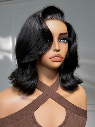 Klaiyi 7x5 No-Slip Glueless Lace Wig Short Glam Blowout Flip Bob 180% Density Put On & Go Human Hair Wig