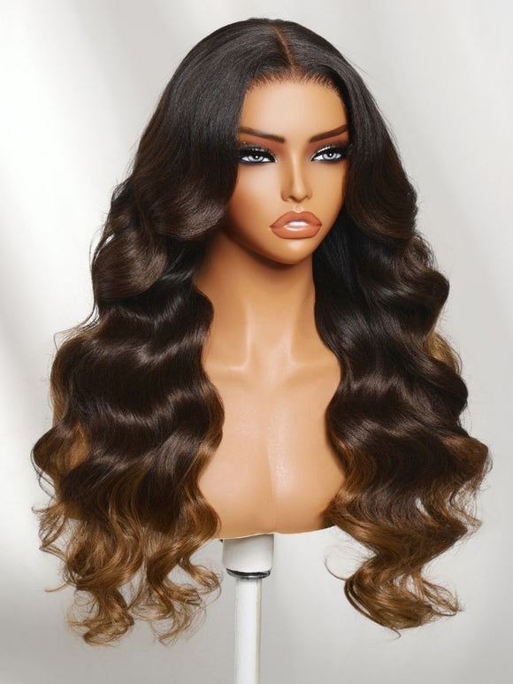 Perruque Klaiyi Ombre Brown Balayage Highlight Body Wave 7x5 Bye Bye Knots, précolorée, sans colle, en cheveux humains et dentelle. 