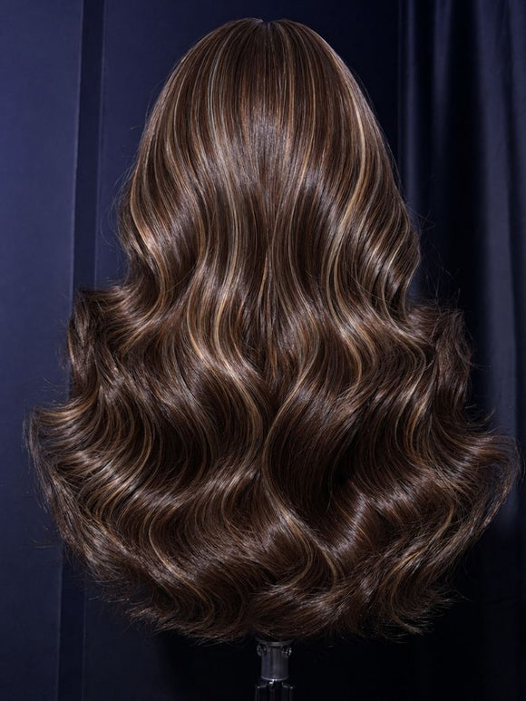 Perruque Klaiyi Ombre Brown Balayage Highlight Body Wave 7x5 Bye Bye Knots, précolorée, sans colle, en cheveux humains et dentelle. 