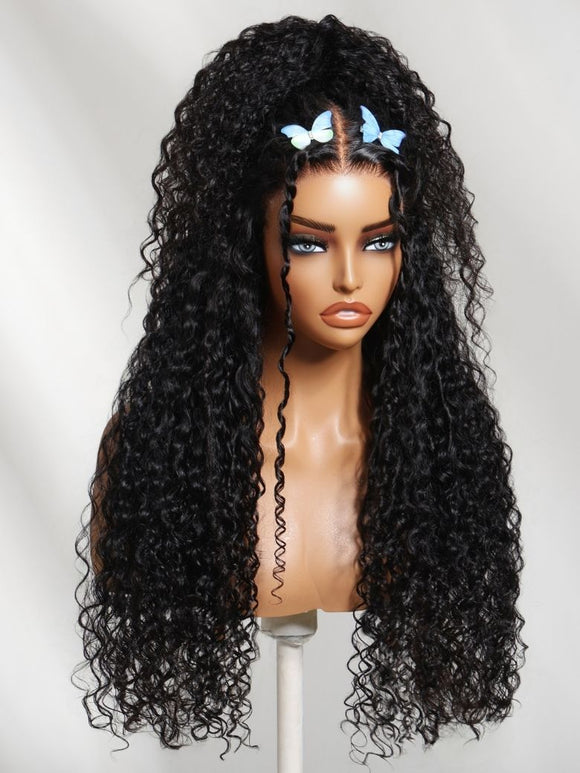 Klaiyi 7x5 Glueless Water Wave Wig with Burmese Curl Mix Pre-Styled Twist & Finger Coil Ends Put On And Go Gluless Lace Human Hair