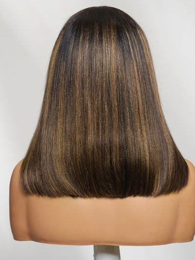 Klaiyi 7x5 No Slip Glueless Lace Wig Balayage Highlights Yaki Straight Bob Wig with Invisi Drawstring