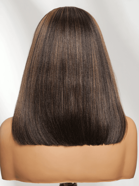 Klaiyi 7x5 No Slip Glueless Lace Wig Black with Caramel Highlights Side Part Yaki Straight Bob Wig with Invisi Drawstring