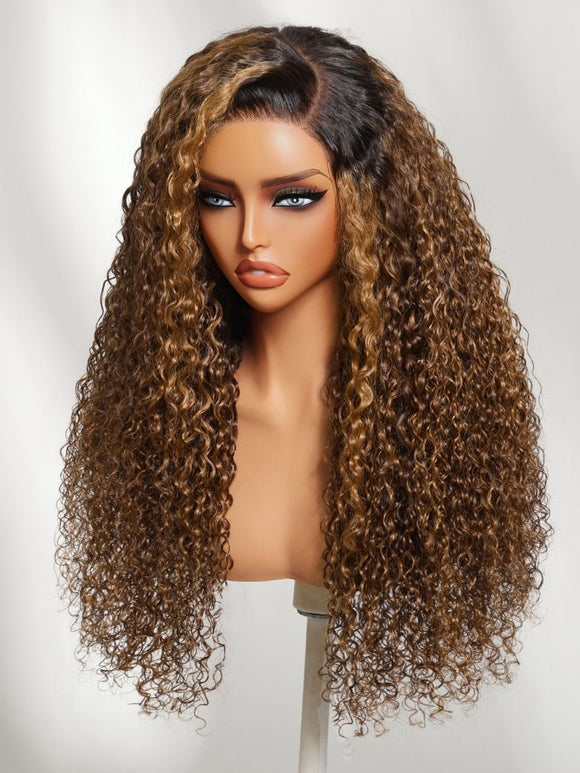 Klaiyi Sun-Kissed Brown Curly Wig with Honey Caramel Highlights 13x4 Glueless Lace Frontal Wig Put On & Go with Invisi Drawstring