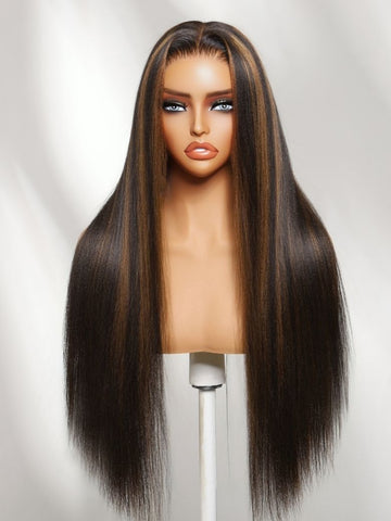 Klaiyi 7x5 No-Slip Glueless Yaki Straight Wig Golden Brown Highlight  150% Density Bye-Bye Knots Lace Closure Put-On & Go
