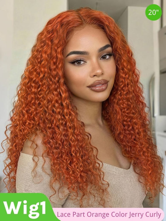 $139 Get 3 Wigs | Klaiyi Lace Part Orange Color Jerry Curly+ Glueless Bob Wig With Bangs + Short Pixie Cut Lace Front Bob Wigs Flash Sale
