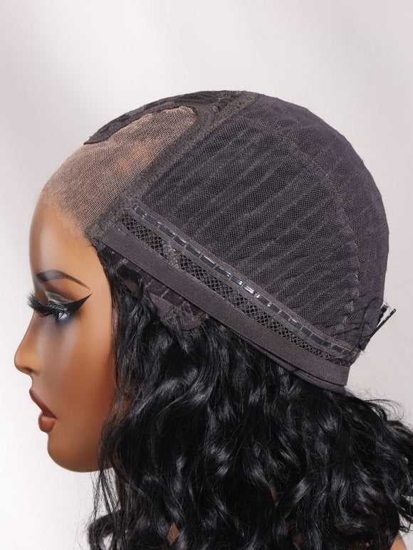 Klaiyi 6x4 Lace Closure Ready to Go Water Wave Short Wavy Bob Wig Glueless Minimalist Lace Wig 220% Density