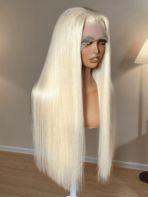 Klaiyi 613 Blonde Straight Transparent 13x4 Lace Frontal Wig Body Wave Human Hair Glueless Wig with Invisi Drawstring 180% Density