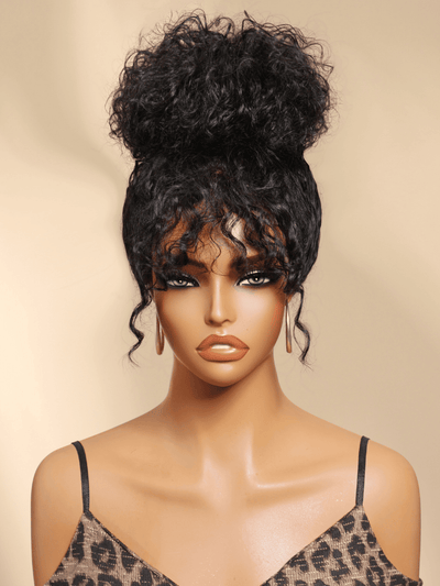 Klaiyi T-Part Shaggy Curly Wig with Bangs Natural Black Afro Curls with Drawstring Glueless Beginner-Friendly