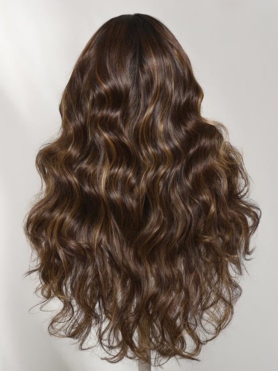 Klaiyi 7x5 No-Slip Glueless Dark Brown with Honey Caramel Money Pieces 90s Blowout Layers Body Wave Wigs