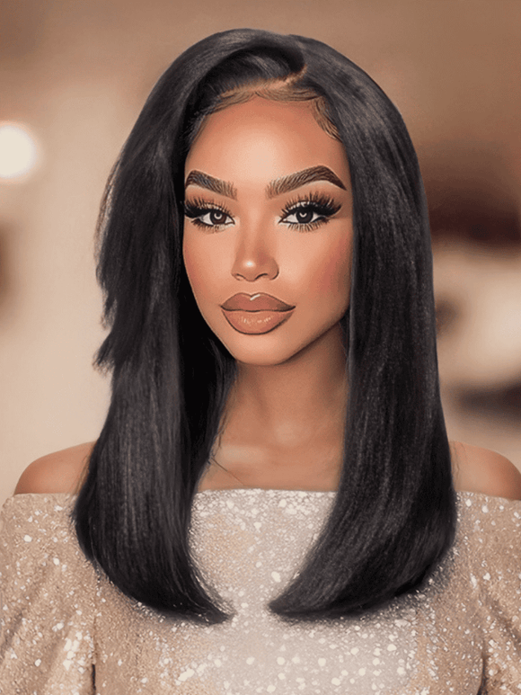 Klaiyi Yaki Straight Silk Press Bob Wig With Side Bangs 7x5 Pre-Bleached Natural Looking Glueless Wig Human Hair