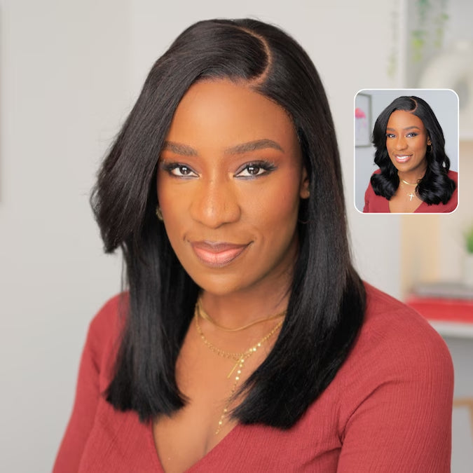 Klaiyi Yaki Straight Silk Press Bob Wig With Side Bangs 7x5 Pre-Bleached Natural Looking Glueless Wig Human Hair