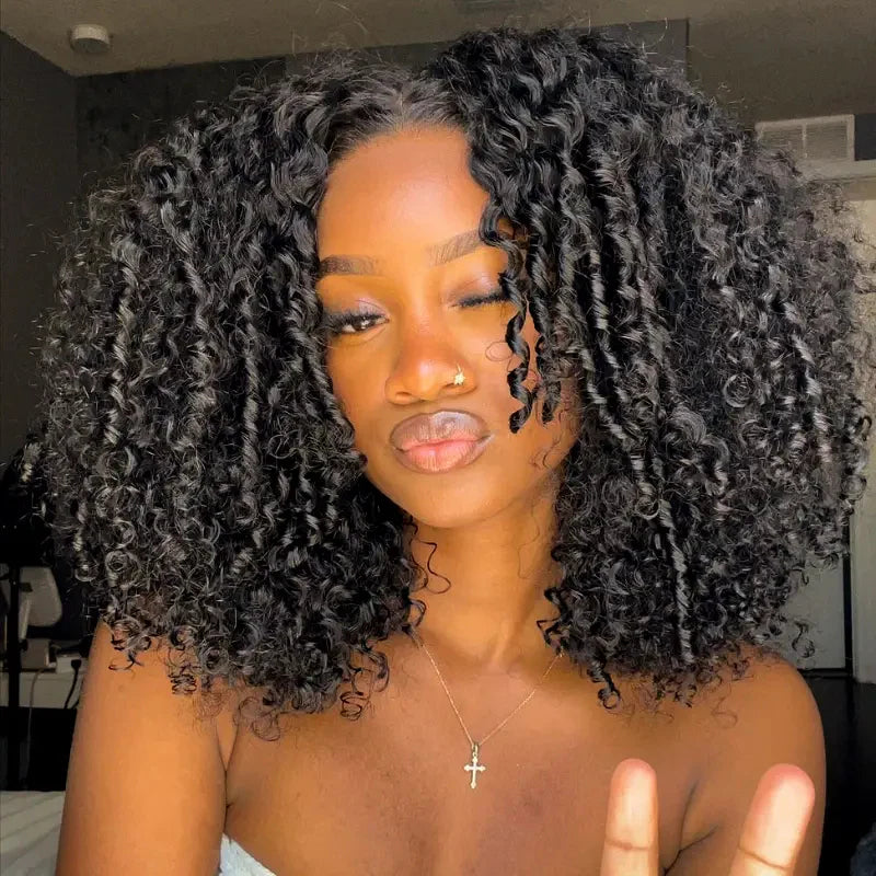 Klaiyi 7x5 Bye Bye Knots Curly Hair with Finger Coil Ends Put on and Go Glueless Human Hair Wig