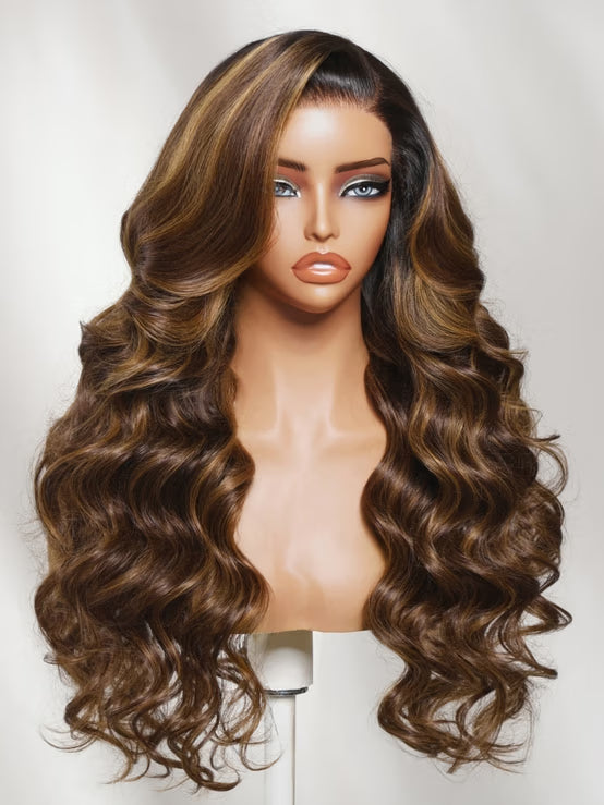 Klaiyi 13x4 Pre-Everything Lace Frontal Wig Deep Brunette With Warm Brown Highlights Body Wave Human Hair Wig with Invisi-Drawstring