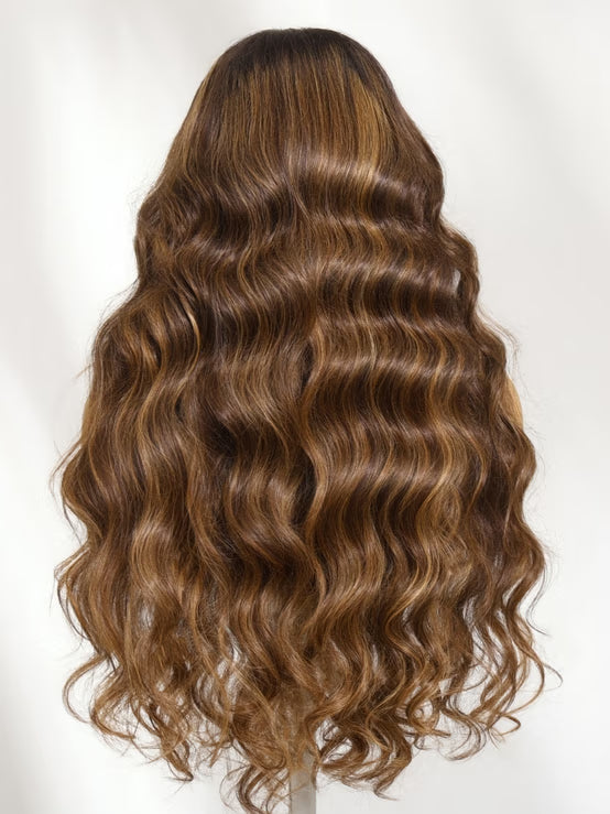 Klaiyi 7x5 No-Slip Glueless Chocolate Brown with Golden Brown Highlights Body Wave Human Hair Wig Put On & Go with Invisi Drawstring