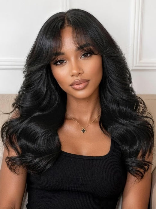 Perruque Klaiyi Black Cherry 7x5 Bye Bye Knots Blow Out Bob sans colle avec frange rideau, volume naturel 