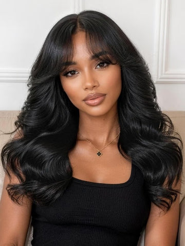 Klaiyi 7x5 Glueless Lace No Slip™ Wig 90s Inspired Layered Blowout Body Wave Human Hair Wig with Curtain Bangs